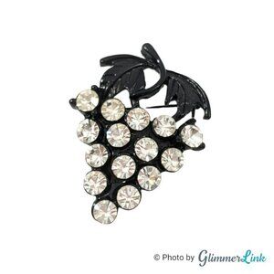 Grape Cluster Black Enamel Clear Rhinestones Brooch